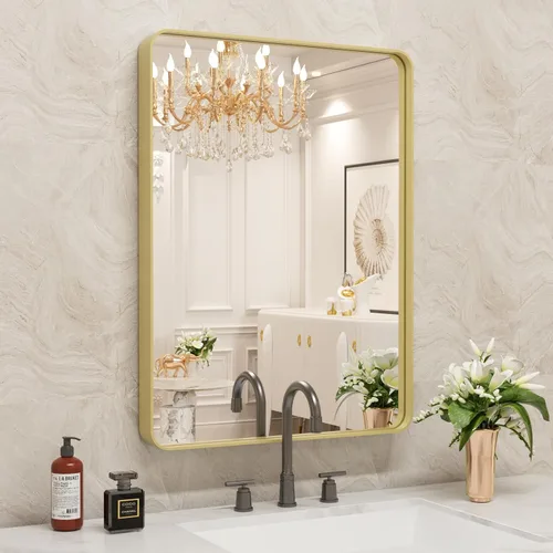Miniatura 43 de WEER - Espejo de baño dorado, espejo de 40x32 pulgadas con marco de metal dorado cepillado, espejo de tocador de baño de oro para pared