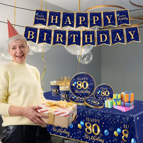 Miniatura 4 de Decoración de 80 cumpleaños para hombres - Juego de vajilla de cumpleaños azul marino y dorado de 142 piezas (sirve para 20) Incluye pancarta