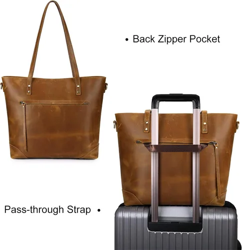 Miniatura 3 de S-ZONE - Bolso de mano de piel auténtica vintage para portátil, Bolsa de trabajo para mujeres con bolsillo trasero con cremallera