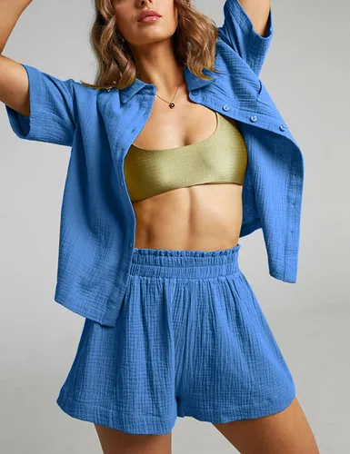 Miniatura 3 de Rousytn Conjunto de 2 piezas para mujer, conjunto de ropa deportiva de algodón y lino, conjunto a juego de camisa y pantalones cortos con botones