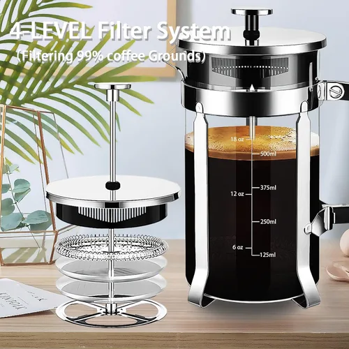 Miniatura 7 de YMMIND Cafetera de prensa francesa de acero inoxidable 304, con sistema de 4 filtros, vidrio de prensa francesa de borosilicato de espesor Tono plata