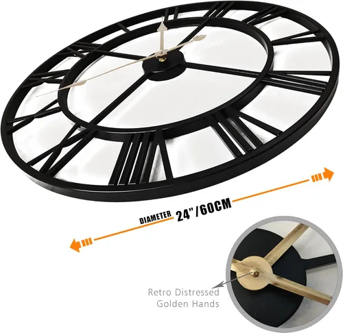 Miniatura 2 de Reloj de pared grande de metal de 24 pulgadas más grueso, reloj industrial decorativo para el hogar con números romanos grandes, reloj retro de gran