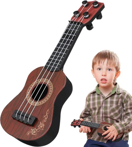 Toddmomy Ukelele de juguete para niños de 4 cuerdas, mini instrumento de guitarra musical para niños pequeños, principiantes, aprendizaje y Marrón