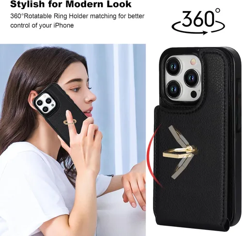 Miniatura 3 de Folosu Funda compatible con iPhone 15 Pro con soporte para tarjetas, rotación de 360°, soporte de anillo de dedo con función atril, bloqueo RFID