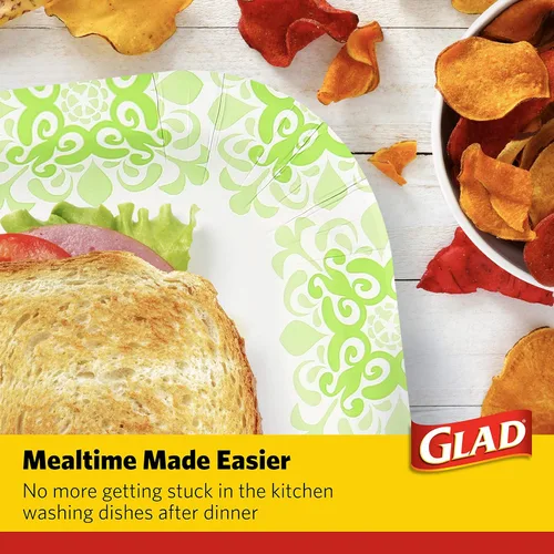 Miniatura 5 de Glad Platos cuadrados de papel desechables, patrón victoriano verde, fuertes, resistentes, a prueba de remojo y aptos para microondas para cena
