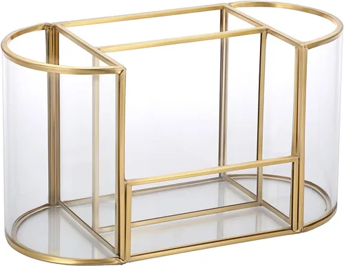 Hipiwe Soporte para brochas de maquillaje dorado, 4 ranuras, organizador de brochas de cosméticos de vidrio, soporte para control remoto, soporte