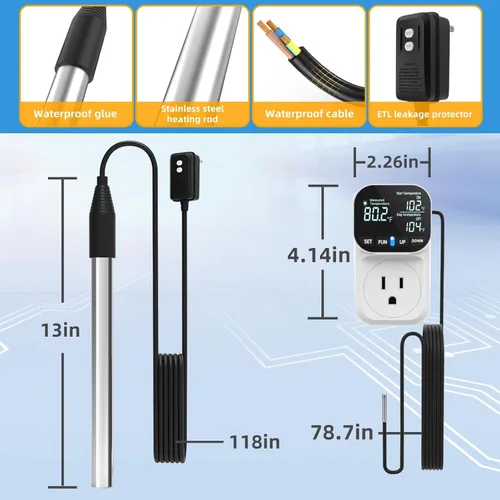 Miniatura 7 de Calentador de agua eléctrico de inmersión de 1800 W, calentadores de agua totalmente sumergibles con termostato y GFCI, para fregaderos, bañeras