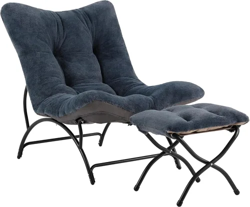 Miniatura 10 de Tiita - Silla acentuada perezosa con otomana, cómoda silla de ocio con estructura metálica y tela de felpa, silla reclinable acogedora con asiento