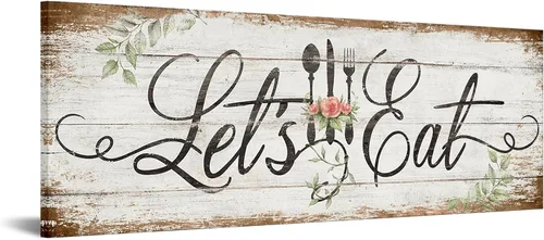 KREATIVE ARTS Arte de Pared en Lienzo para Cocina "Let's Eat" Impresión de Citas Inspiradoras Vintage Pintura Cuadro Impresiones Giclée para