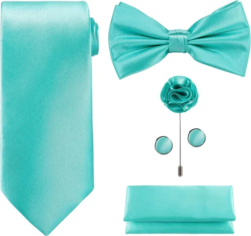 TIE G Juego de 5 corbatas en caja de regalo BLANCO O NEGRO corbata de color sólido, pajarita de satén, cuadrado de bolsillo, solapa, gemelos