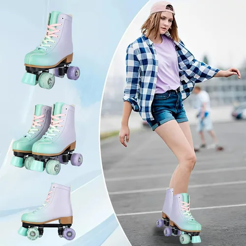 Miniatura 2 de SilverTree Patines de ruedas para mujeres y niñas, de piel sintética, para adultos, ruedas Derby con luz, cuatro ruedas brillantes