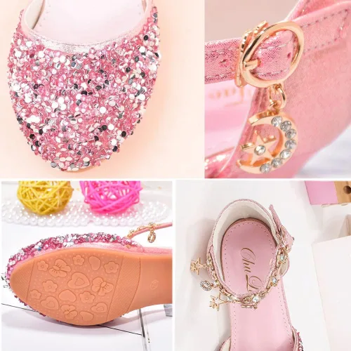 Miniatura 5 de ChuLian Zapatos de vestir para niñas pequeñas con lentejuelas con purpurina y tacones bajos de princesa Mary Jane Party Dance Shoes Sandalias