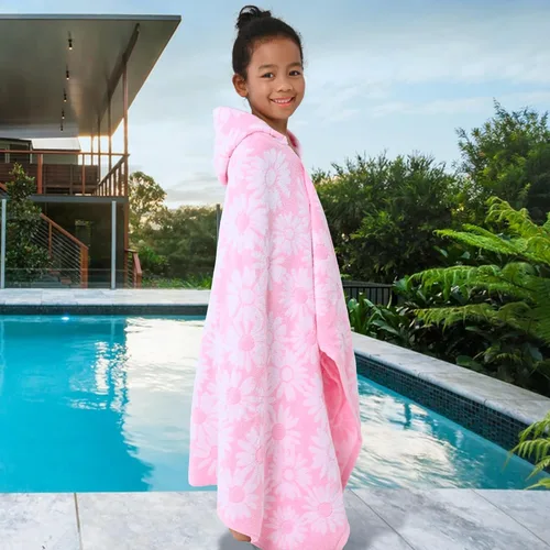 Miniatura 5 de Toallas de baño con capucha para niños (3-10 años), toallas de piscina gruesas de algodón turco suaves y absorbentes, con capucha para niños rosa
