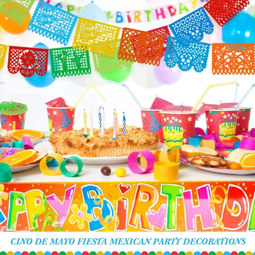 Miniatura 4 de 12 pancartas de fiesta mexicana de 180 pies grandes de papel picado, 10 patrones de plástico para fiesta de cinco de mayo, fiesta mexicana, día