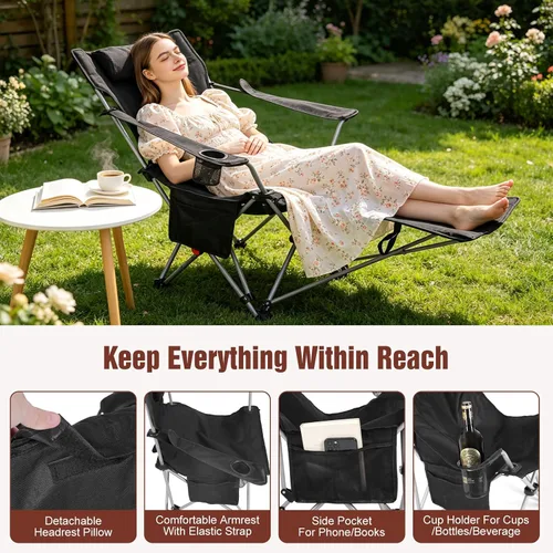 Miniatura 5 de Reclining Camping Chair with Footrest, 4-Position Adjustable Zero Gravity Chair, Portable Folding Camping Lounge Chair with Headrest Cup Holder &