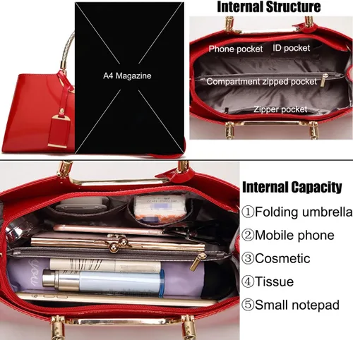 Miniatura 5 de XingChen Bolso brillante de las mujeres del bolso del bolso de la manija superior del cuero de la patente del bolso estructurado del bolso del bolso