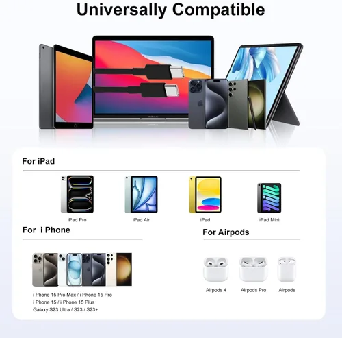 Miniatura 7 de Hzevn Cable de carga USB C de 60 W para MacBook Pro/Air y iPhone 16/15 Pro Max, certificado MFi 20V/3A, cable de carga súper rápido de 6 pies + 10