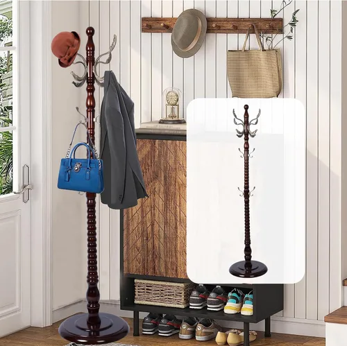 Miniatura 7 de Percheros de pie independientes, perchero de madera natural con 14 ganchos, percheros resistentes de altura ajustable para entrada, pasillo, Marrón