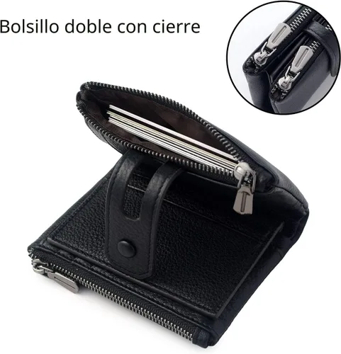 Miniatura 4 de Bveyzi - Billetera pequeña de cuero suave para mujer con bloqueo RFID, tarjetero para damas con doble bolsillo con cremallera