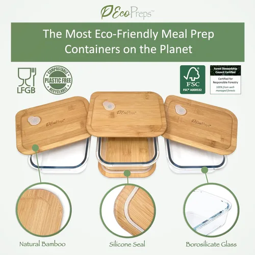 Miniatura 2 de EcoPreps Recipientes de vidrio para preparar comida con tapas de bambú (paquete de 3) - 100% libres de plástico, contenedores de almuerzo