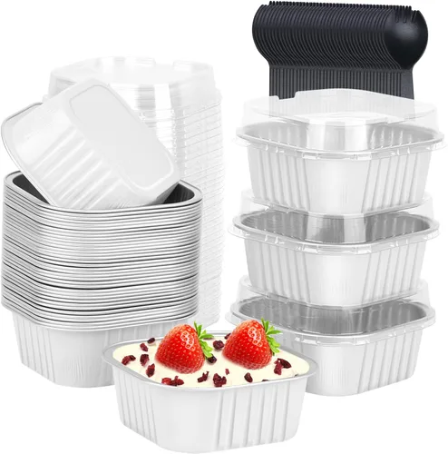 Miniatura 8 de LNYZQUS - Juego de 40 moldes de aluminio para brownies de 10 oz, ramequines desechables cuadrados de 10 cm x 10 cm con tapas, moldes pequeños