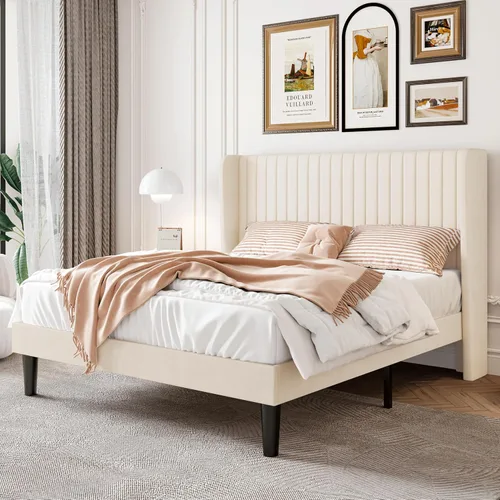 Miniatura 16 de SHA CERLIN Marco de cama de terciopelo tamaño completo con cabecera de respaldo alto con capitoné de canales verticales, cama plataforma tapizada