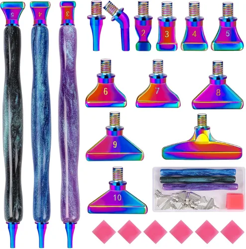 Snewvie Juego de herramientas de accesorios para bolígrafos de pintura de diamante, 3 bolígrafos de arte de diamante con purpurina y 12 puntas de