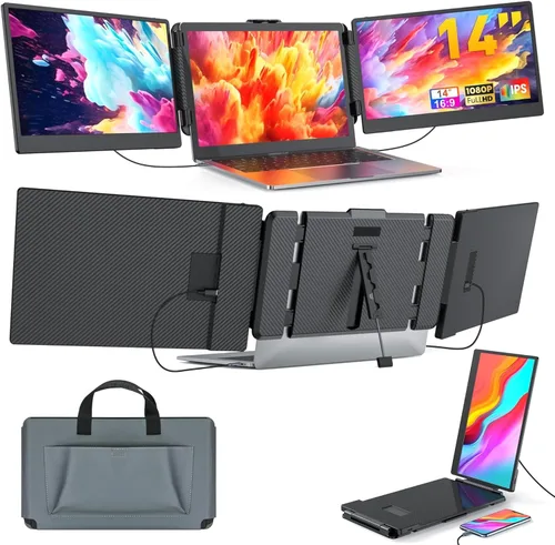 Monitor portátil triple para portátil, extensor de pantalla de doble monitor de 14 pulgadas, FHD 1080P, pantalla de tres pantallas, 4 altavoces,
