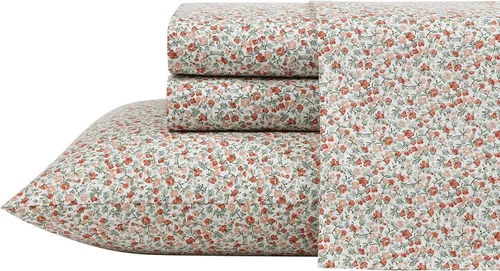 Laura Ashley - Sábanas King, Juego de Ropa de Cama de Percal de Algodón, Ligero y Transpirable para el Hogar (Emogene Naranja Quemado, King)