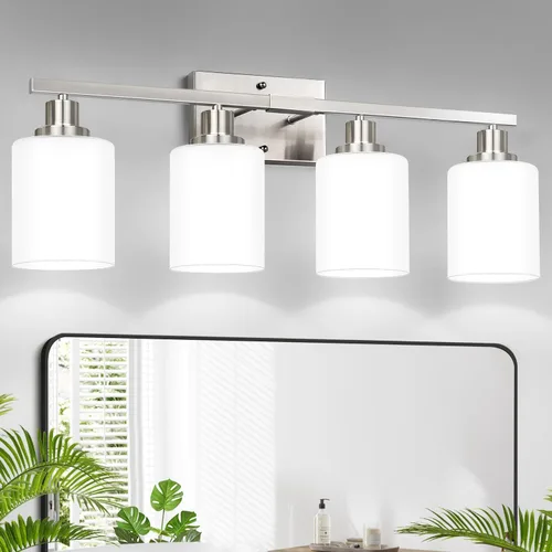 Miniatura 30 de MOKATNG Juego de 2 apliques de pared para baño, luces de tocador modernas negras con pantalla de vidrio blanco, lámpara de pared de baño