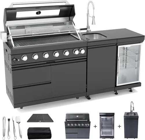 Miniatura 9 de Isla de cocina al aire libre de 153 pulgadas, combinación de parrilla de gas propano de 96000 BTU con refrigerador y fregadero, gabinete de cajón