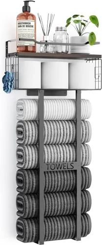 Miniatura 12 de Aetyord Toallero para Baño de 31 Pulgadas Montado en Pared, Estante Flotante con Tablero de Madera, Almacenamiento de Toallas para Baño que Puede