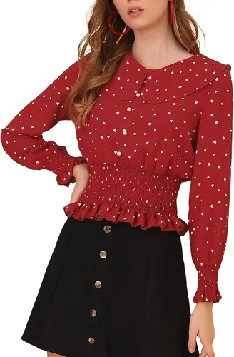 Miniatura 3 de Allegra K Blusa para mujer con cuello de Peter Pan con estampado de corazón y perlas