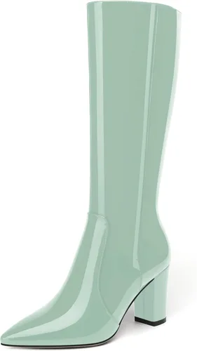 Miniatura 155 de AMBELIGHT Botas altas hasta la rodilla con cremallera y puntera puntiaguda para mujer, de patente sólida, tacón alto, 3.3 pulgadas