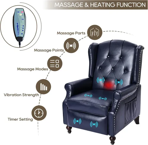 Miniatura 3 de Silla Reclinable Wingback con Masaje y Calor de Cuero PU Silla de Brazo con Mecanismo Push Back, Silla Reclinable para Sala de Estar Dormitorio Cine