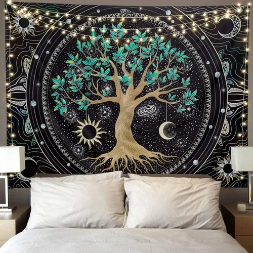 Miniatura 8 de Tapiz para dormitorio, estético, árbol de la vida, con luz negra, reactivo a los rayos UV, tapiz psicodélico, colorido tapiz de pared, sol, luna