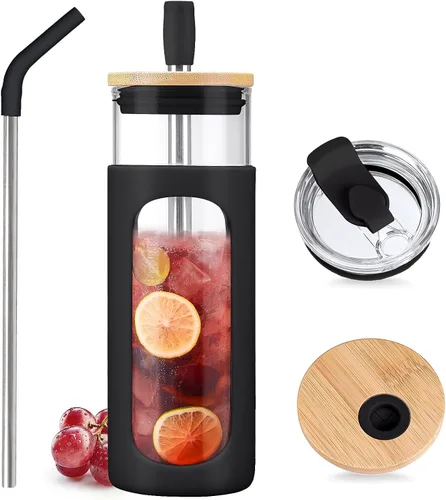 Miniatura 31 de Kodrine Vaso para agua de vidrio de 20 onzas con popote y tapa, botella de agua con tapas de bambú, taza para café helado, reutilizable, boca ancha