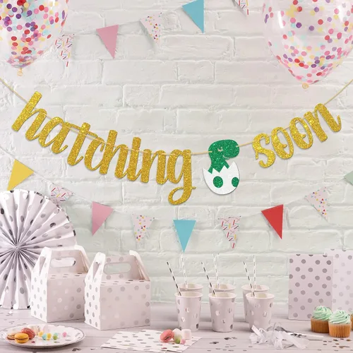 Miniatura 5 de Hatching Soon Banner de dinosaurio para baby shower para niños, suministros de fiesta de dinosaurios, pancarta de bienvenida para bebé, suministros