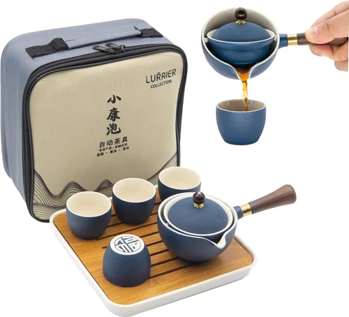Miniatura 13 de LURRIER Juego de té chino de porcelana Gongfu, juego de tetera portátil con rotación de 360 grados, tetera y infusor, juego todo en uno portátil