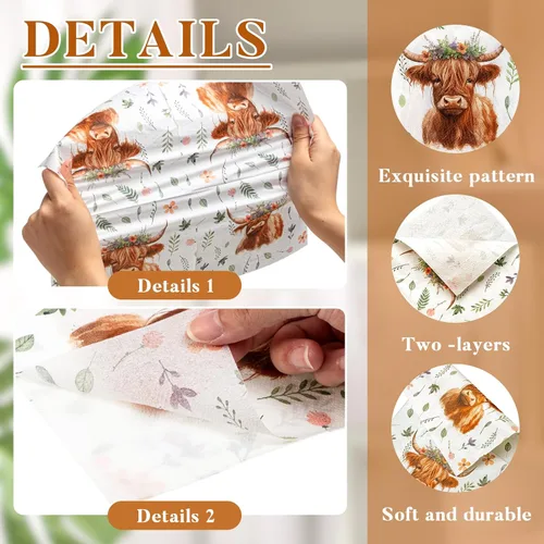 Miniatura 3 de Cholemy 100 servilletas de papel de vaca de las tierras altas de 2 capas de acuarela desechables de acuarela rústica occidental con estampado