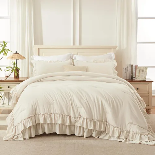 Miniatura 4 de Andency Juego de edredón beige tamaño individual, juego de ropa de cama y colecciones de 2 piezas, bohemio, ligero, esponjoso, con volantes