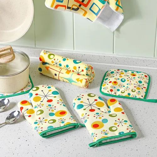 Miniatura 7 de Fanfanwin Juego de 10 manoplas de horno coralinas para ollas, juego de alfombras y toallas de cocina de mediados de siglo de los años cincuenta