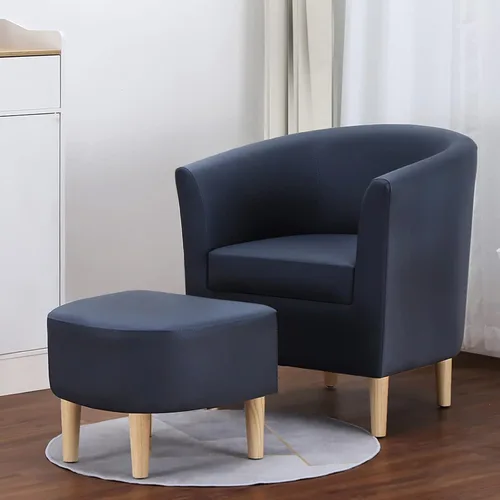 Miniatura 3 de DAZONE - Silla de cuero, silla decorativa de estilo moderno de mediados de siglo con otomano, barril falso, sillón cómodo tapizado con brazos Azul
