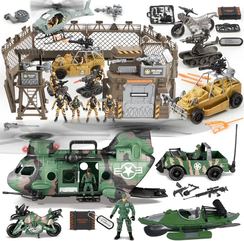 JOYIN Juego de juguetes militares, juguetes militares para niños, incluyendo helicóptero con luz realista, sonido y mango, camiones Bruder, barco,