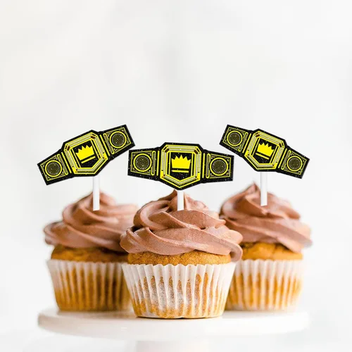 Miniatura 6 de 18 piezas de cinturón pesado con purpurina dorada para postre para cupcakes, decoración temática de campeón de lucha libre, suministros