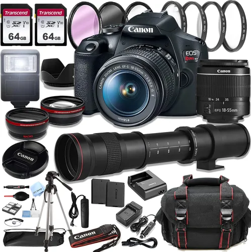 Canon EOS Rebel T7 - Cámara DSLR con lente EF-S de 0.709-2.165 in F/3.5-5.6 de zoom + superteleobjetivo de 16.535-31.496 in + memoria de 128 GB +