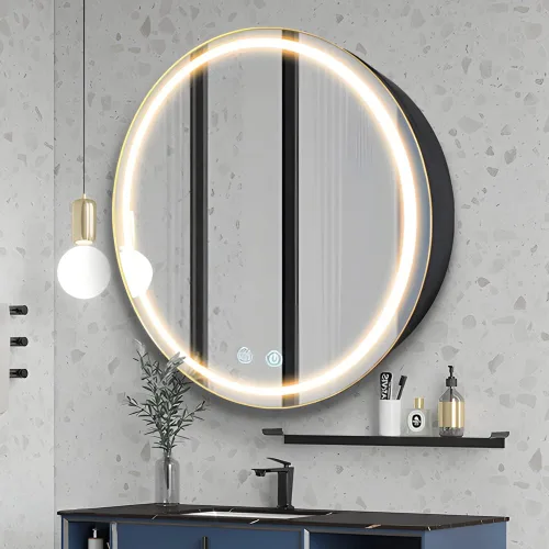 Miniatura 17 de Botiquín redondo de 20 pulgadas con luces, botiquín LED con desempañador, armario con espejo iluminado para baño, regulable, antivaho, 3