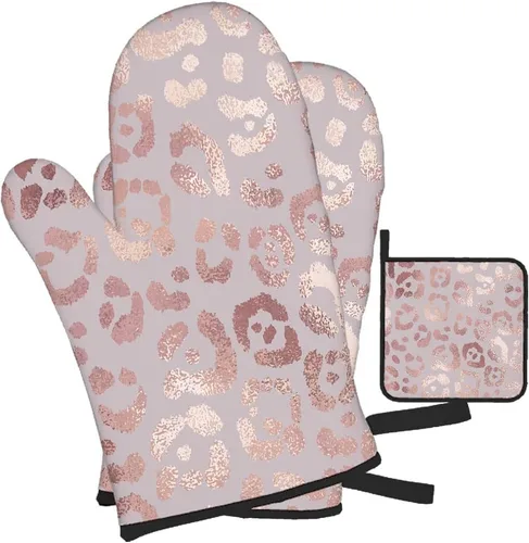 Miniatura 2 de Mxocom Juego de 3 guantes de horno y agarraderas de leopardo de oro rosa para cocina, cocina, hornear, asar a la parrilla, almohadillas calientes