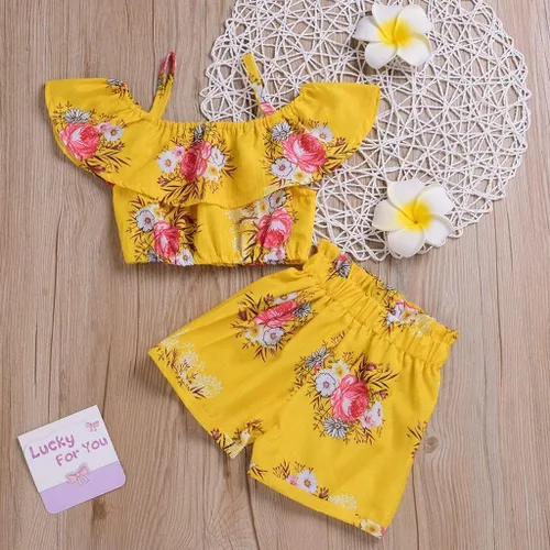 Miniatura 4 de Conjunto de ropa de verano con cuello halter floral y tirantes amarillos y pantalones cortos
