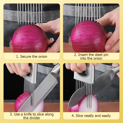 Miniatura 4 de Nuevo soporte para rebanar cebolla, soporte de cebolla de acero inoxidable para cortar verduras cortador de papa y tomate, herramienta asistente